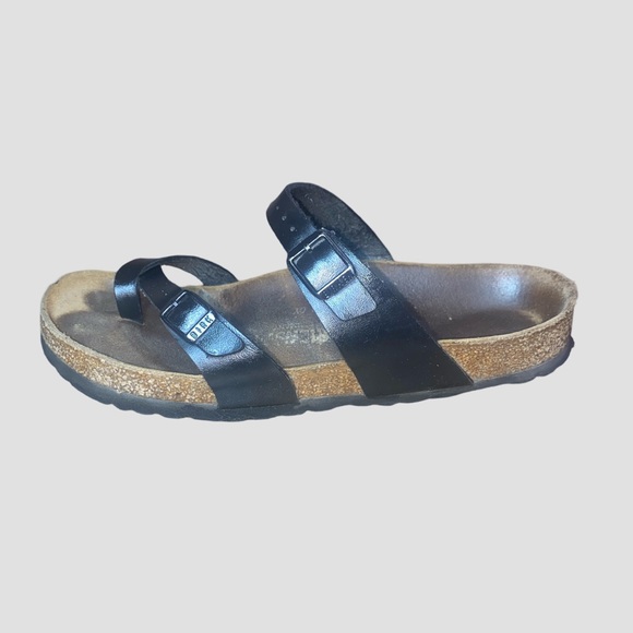 Birkenstock Black Leather Patent Birks Sandals Size 9 Ladies - Picture 1 of 13